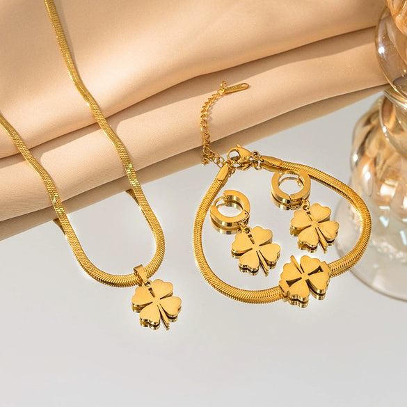 Women's Titanium Steel Plants And Flowers Style Electroplated Clavicle Chain Bracelet Earrings Set