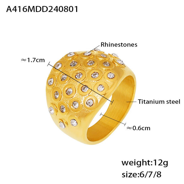 Women's 316L Stainless Steel Plated 18K Gold Geometric Bubble Round Diamond Wide Face Ring Jewelry