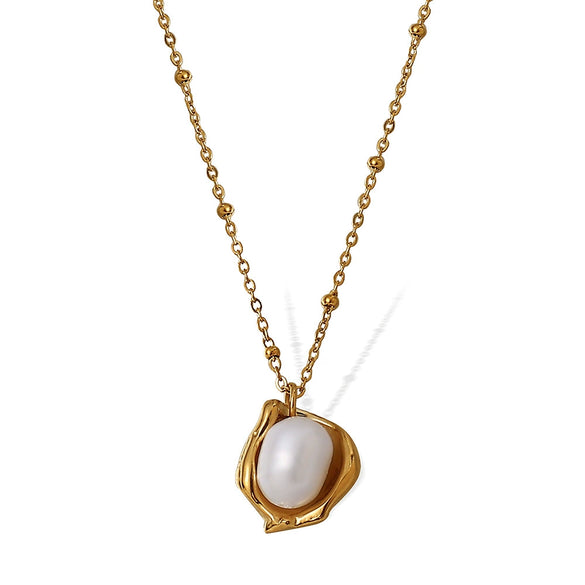 Women's Titanium Steel Plated 18K Gold Peanut Pearl Clavicle Chain Necklace With Bowl Pearl Pendant