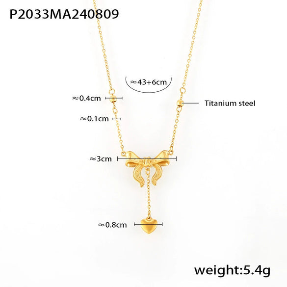 Women's 316L Stainless Steel Plated 18K True Gold Love Tassel Bow Geometric Light Luxury Collarbone Necklace