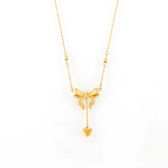 Women's 316L Stainless Steel Plated 18K True Gold Love Tassel Bow Geometric Light Luxury Collarbone Necklace