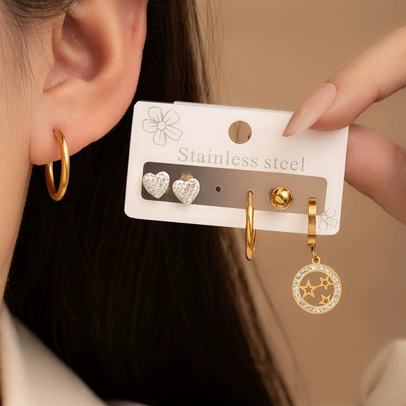 Women's Titanium Steel Round Cut Out Star Earrings With Diamond Encrustment And Electroplating Fashionable And Minimalist