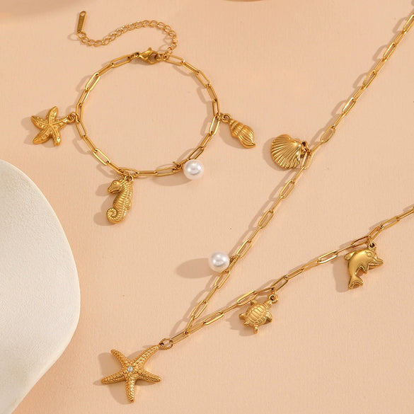 Women's Titanium Steel Sea Life Style Necklace And Bracelet With Plants Flowers Pattern