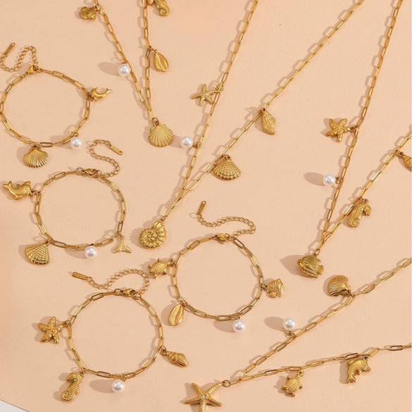 Women's Titanium Steel Sea Life Style Necklace And Bracelet With Plants Flowers Pattern
