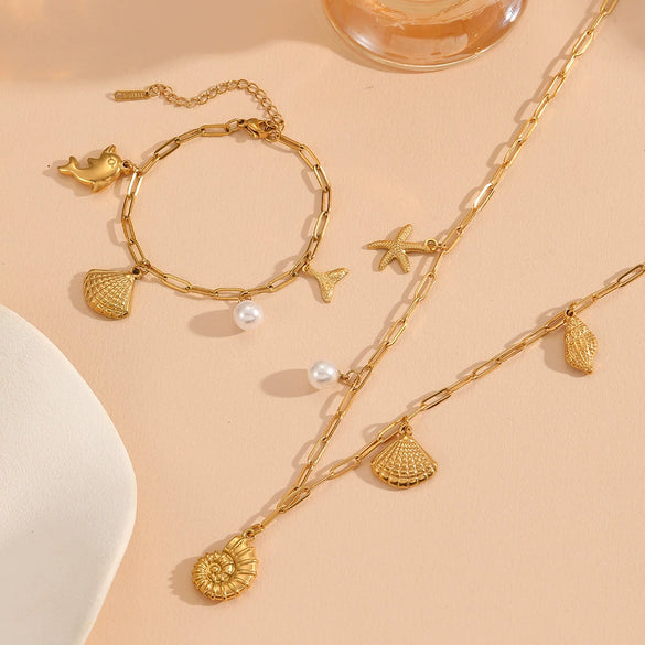 Women's Titanium Steel Sea Life Style Necklace And Bracelet With Plants Flowers Pattern