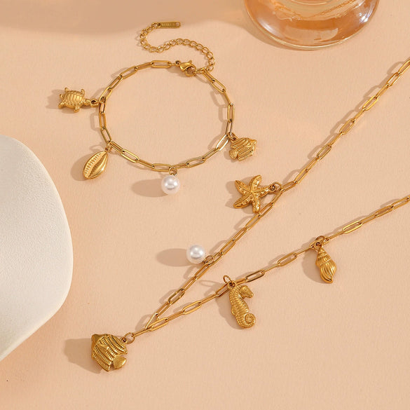 Women's Titanium Steel Sea Life Style Necklace And Bracelet With Plants Flowers Pattern