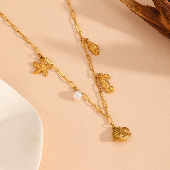 Women's Titanium Steel Sea Life Style Necklace And Bracelet With Plants Flowers Pattern