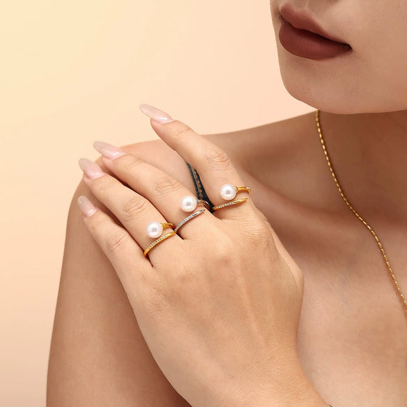 Women's 316L Stainless Steel Shell Bead Zircon Microinlaid Princess Style Geometric Opening Ring Jewelry With Electroplating