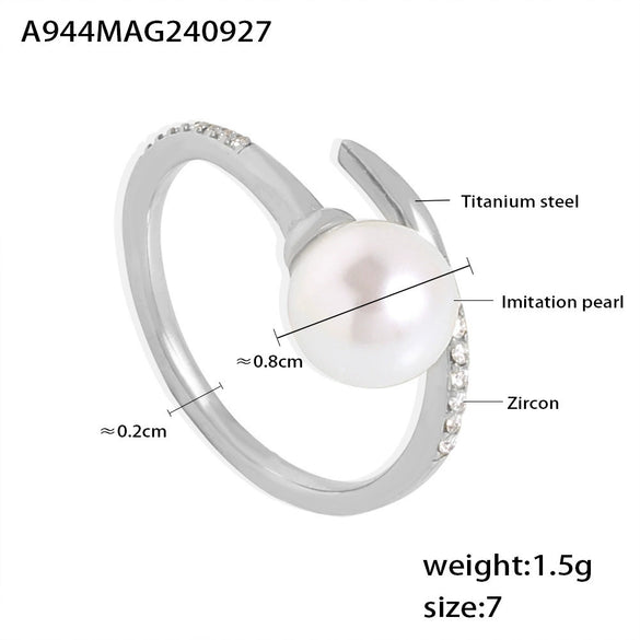 Women's 316L Stainless Steel Shell Bead Zircon Microinlaid Princess Style Geometric Opening Ring Jewelry With Electroplating