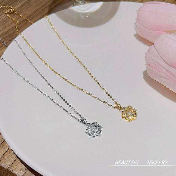 Women's Titanium Steel Sixpointed Star Pendant Necklace With Mixed Gem Inlay And Inlaid Zircon Fashion Cross Chain Style