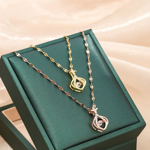 Women's Titanium Steel Smart Sachet Pendant Necklace With Mixed Gem Inlay And Geometric Styling Electroplated