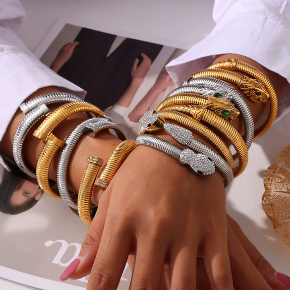 Women's Titanium Steel Snake Head Tail Geometric Fashion Electroplated Zircon Jewelry Stretch Bracelet