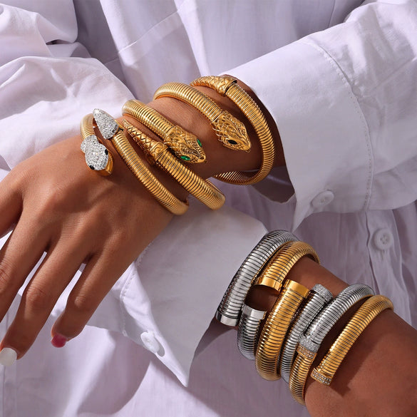 Women's Titanium Steel Snake Head Tail Geometric Fashion Electroplated Zircon Jewelry Stretch Bracelet