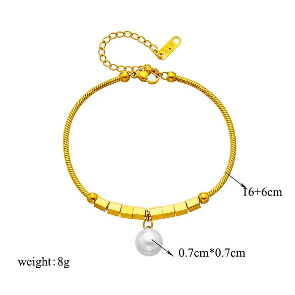 Women's Titanium Steel Square Imitation Pearl Pendant Beaded Chain Bracelet With Electroplating