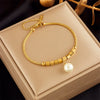 Women's Titanium Steel Square Imitation Pearl Pendant Beaded Chain Bracelet With Electroplating