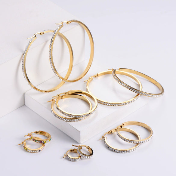 Women's Titanium Steel Square Round Wave Rhinestone Diamondencrusted Electroplated Earrings Jewelry