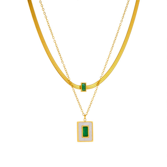 Women's Titanium Steel Square Shell Clavicle Chain Pendant Double Layer Sweater Chain With Plant Flowers Pattern Earrings And Bracelet Set