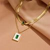 Women's Titanium Steel Square Shell Clavicle Chain Pendant Double Layer Sweater Chain With Plant Flowers Pattern Earrings And Bracelet Set