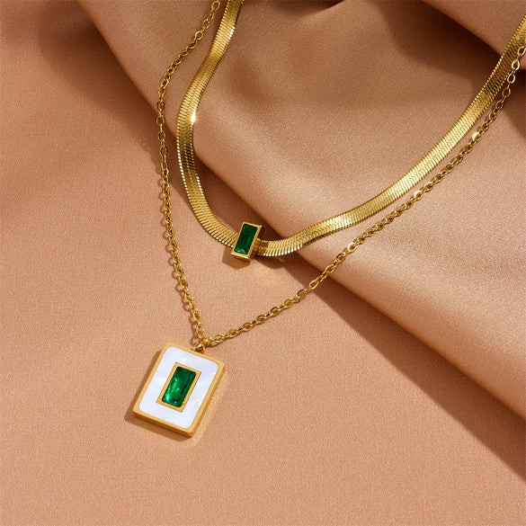 Women's Titanium Steel Square Shell Clavicle Chain Pendant Double Layer Sweater Chain With Plant Flowers Pattern Earrings And Bracelet Set