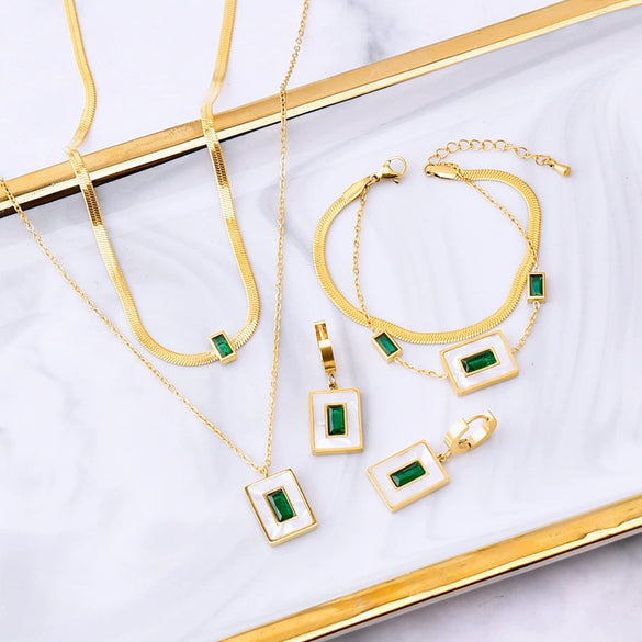 Women's Titanium Steel Square Shell Clavicle Chain Pendant Double Layer Sweater Chain With Plant Flowers Pattern Earrings And Bracelet Set
