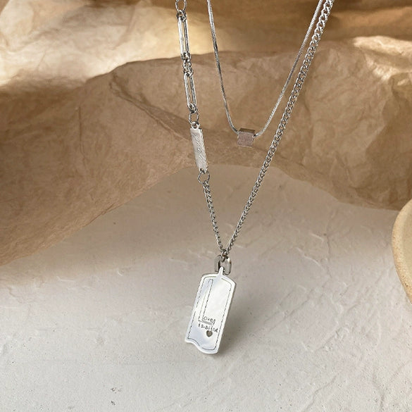 Women's Titanium Steel Square Tag Double Layer Folded Sweater Chain Necklace With Geometric Pattern And Electroplating Design