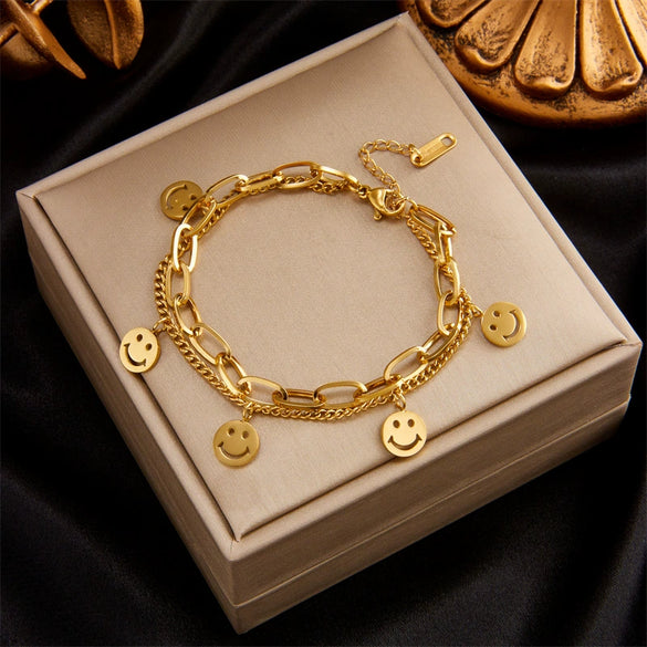 Women's Titanium Steel Stacked Round Smiley Face Pendant Bracelet With Electroplating
