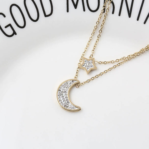 Women's Titanium Steel Star And Moon Multi Layer Clavicle Necklace With Gold Inlaid Full Diamond Pendant Ball Chain