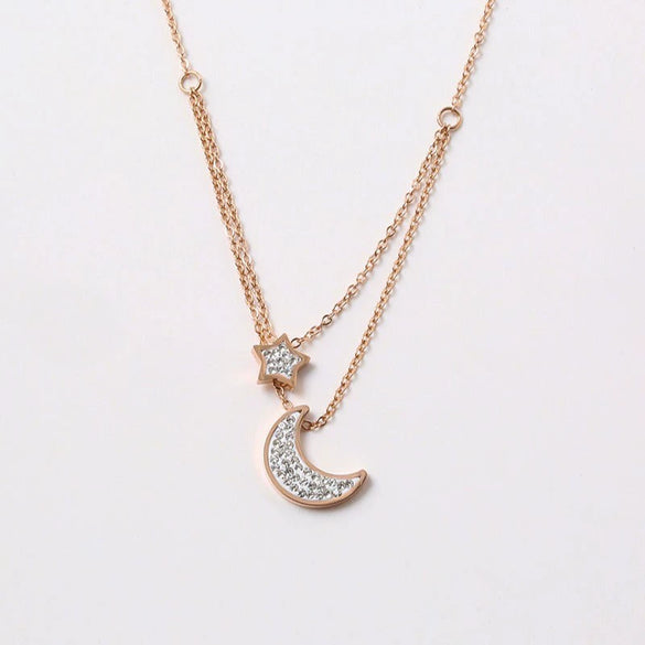Women's Titanium Steel Star And Moon Multi Layer Clavicle Necklace With Gold Inlaid Full Diamond Pendant Ball Chain