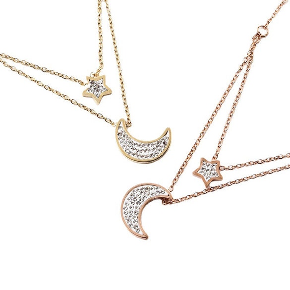 Women's Titanium Steel Star And Moon Multi Layer Clavicle Necklace With Gold Inlaid Full Diamond Pendant Ball Chain