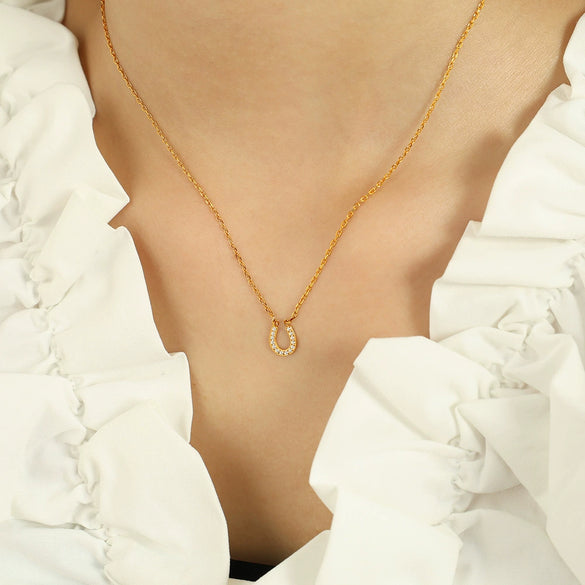 Women's 316L Stainless Steel U Shaped Light Luxury Simple All Match Niche Design Electroplated Full Diamond Pendant Necklace