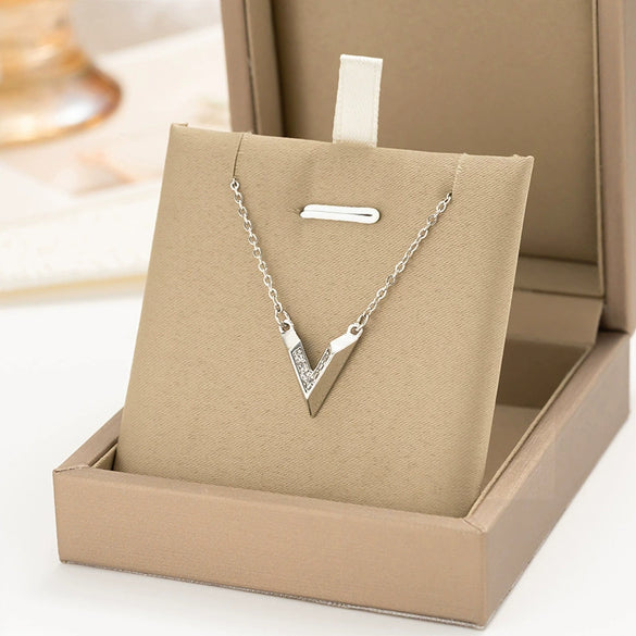 Women's Titanium Steel Vshaped Necklace With Silver Diamond Copper Pendant Cross Chain Light Luxury Style Letters Numbers Text Pattern