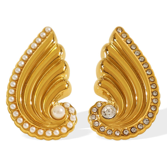 Women's 316L Stainless Steel Wingsshaped Diamondstudded Pearlinlaid Electroplated Light Luxury Style Earrings