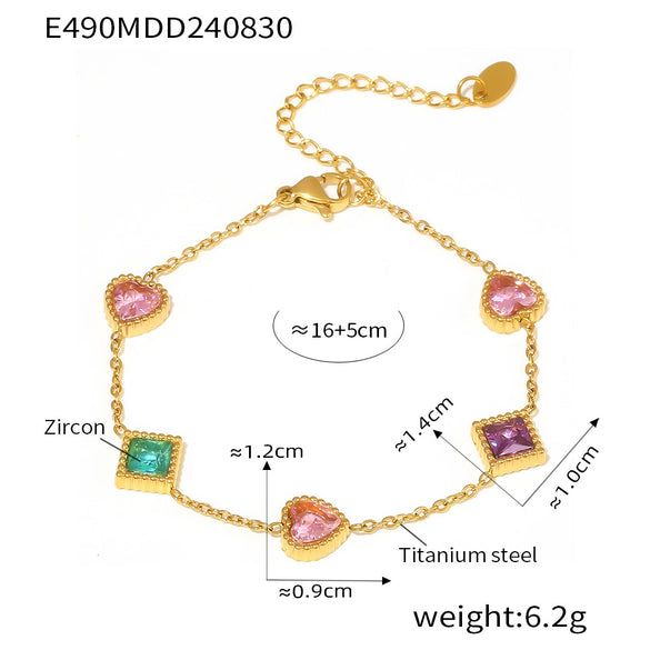 Women's Titanium Steel Zircon Bracelet With Love Square And Heart Geometric Patterns Pvd Plated 18K True Gold