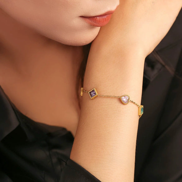Women's Titanium Steel Zircon Bracelet With Love Square And Heart Geometric Patterns Pvd Plated 18K True Gold
