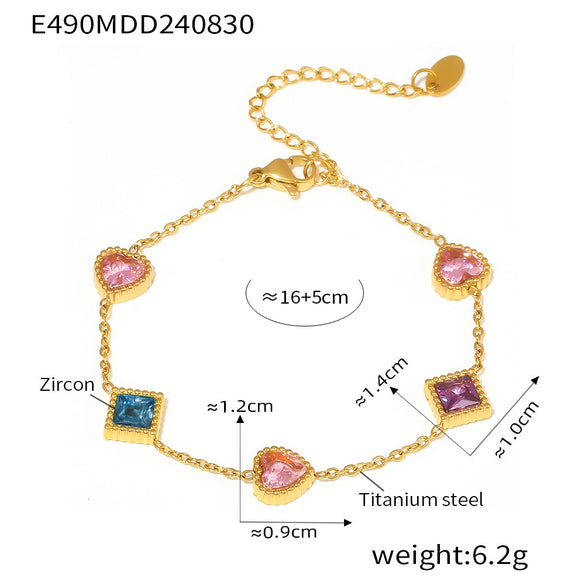Women's 316L Stainless Steel Zircon Love Square Heart Geometric Pvd Plated Bracelet