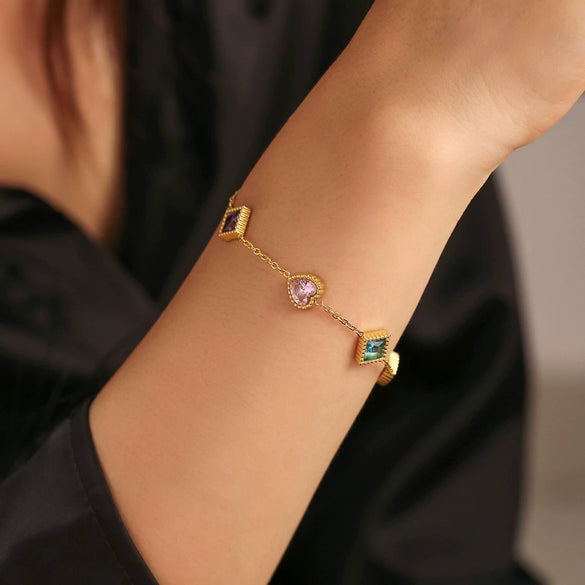 Women's 316L Stainless Steel Zircon Love Square Heart Geometric Pvd Plated Bracelet