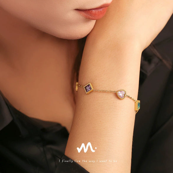 Women's 316L Stainless Steel Zircon Love Square Heart Geometric Pvd Plated Bracelet