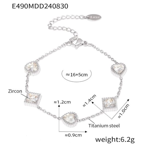 Women's 316L Stainless Steel Zircon Love Square Heart Geometric Pvd Plated Bracelet
