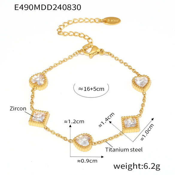 Women's 316L Stainless Steel Zircon Love Square Heart Geometric Pvd Plated Bracelet