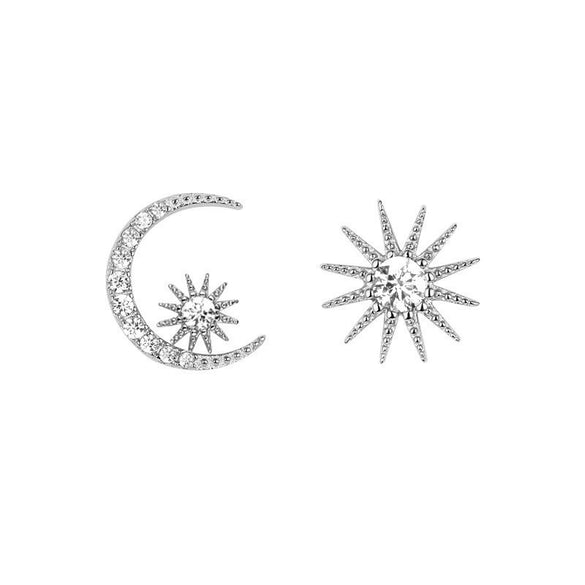 Women's Trendy Asymmetric Elegant Star Moon Earrings Made Of Sterling Silver And Copper With Diamond Design And Star Pattern