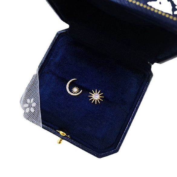 Women's Trendy Asymmetric Elegant Star Moon Earrings Made Of Sterling Silver And Copper With Diamond Design And Star Pattern