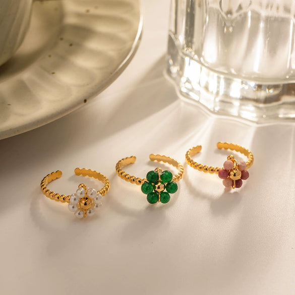 Women's Trendy Sunflower Pearl Adjustable Ring Stainless Steel Geometric Electroplating