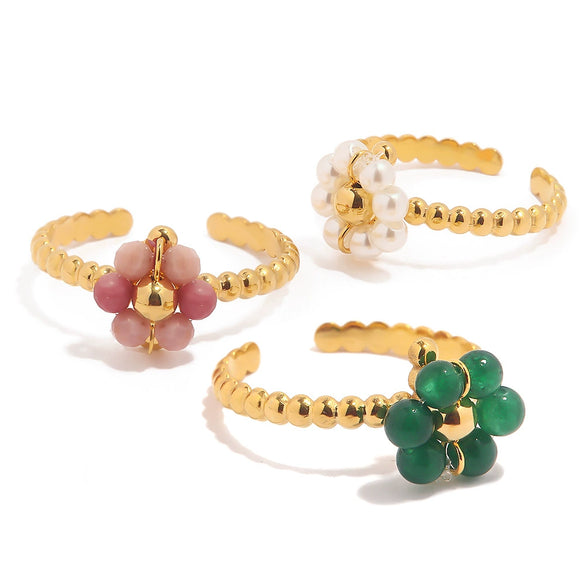 Women's Trendy Sunflower Pearl Adjustable Ring Stainless Steel Geometric Electroplating
