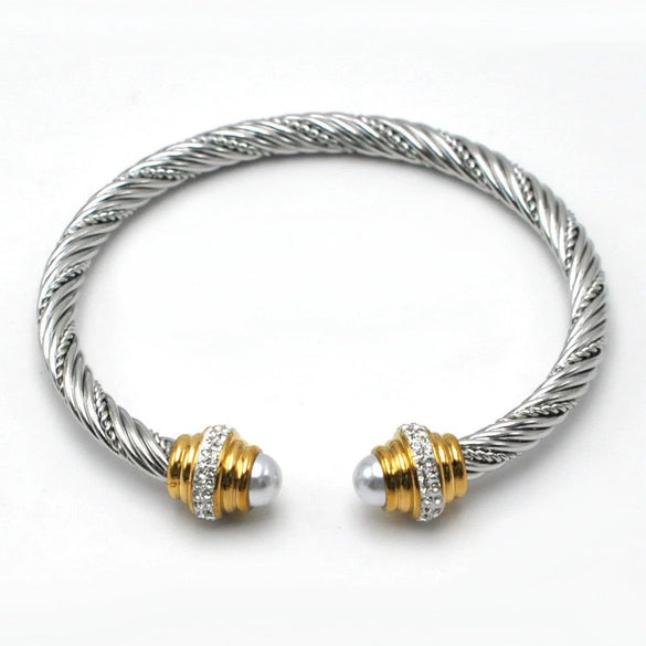 Women's Trendy Titanium Steel And Stainless Steel Cshaped Elastic Twist Wire Rope Bracelet Set With Diamonds
