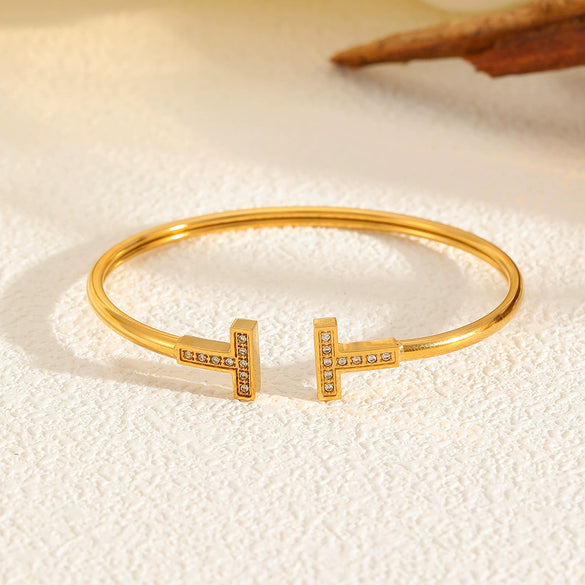 Women's Tshaped Stainless Steel Diamond Bracelet With Colorpreserving Opening And Electroplating