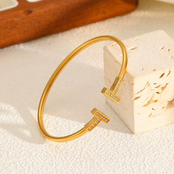 Women's Tshaped Stainless Steel Diamond Bracelet With Colorpreserving Opening And Electroplating