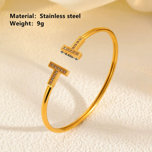 Women's Tshaped Stainless Steel Diamond Bracelet With Colorpreserving Opening And Electroplating