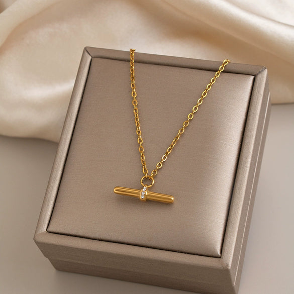 Women's Tshaped Stainless Steel Pendant Necklace With Vacuum Gold Plating And Flash Ochain Collarbone Chain