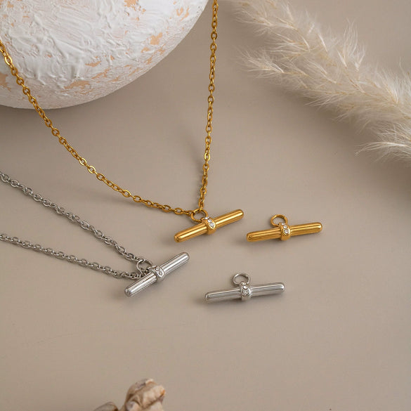 Women's Tshaped Stainless Steel Pendant Necklace With Vacuum Gold Plating And Flash Ochain Collarbone Chain