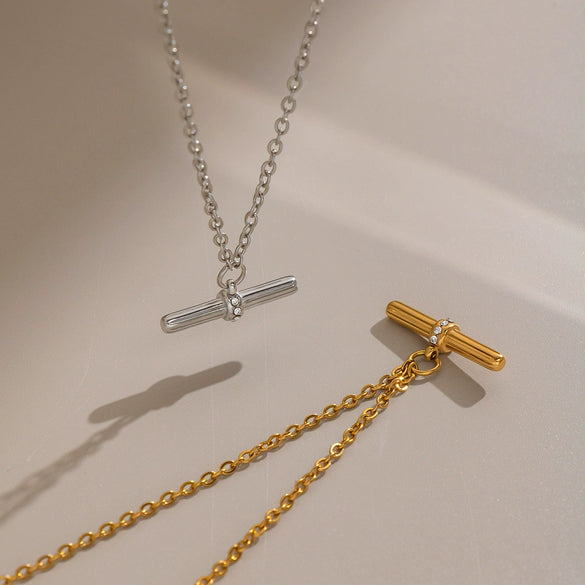 Women's Tshaped Stainless Steel Pendant Necklace With Vacuum Gold Plating And Flash Ochain Collarbone Chain